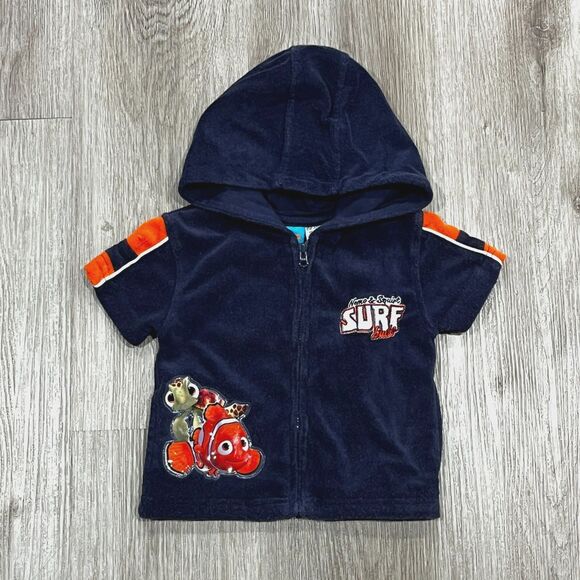 Vintage 00s Disney Finding Nemo Swim Cover Up Top 12M Terry Cloth Blue Zip Hood - Picture 1 of 5